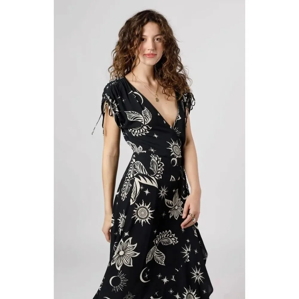 NWT Band Of Gypsies Haylee Black Celestial Wrap Maxi Dress Size Small